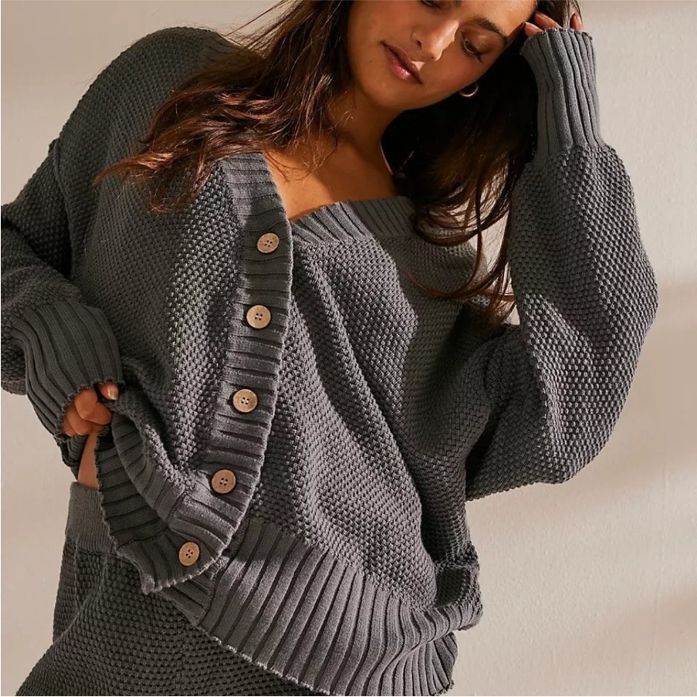 Free People Hailee Cardi Gray Knit Pants set Small